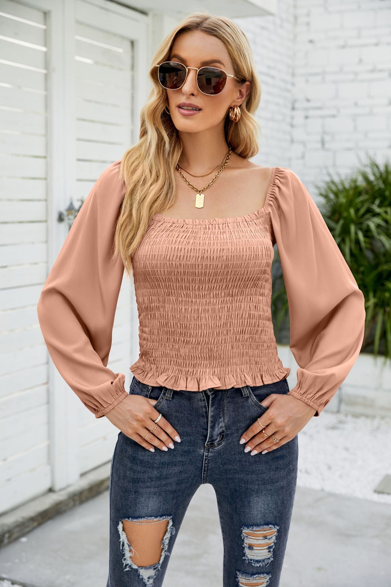 Frill Hem Smocked Balloon Sleeve Blouse in solid color, featuring a square neckline and long balloon sleeves, perfect for chic outdoor styling.