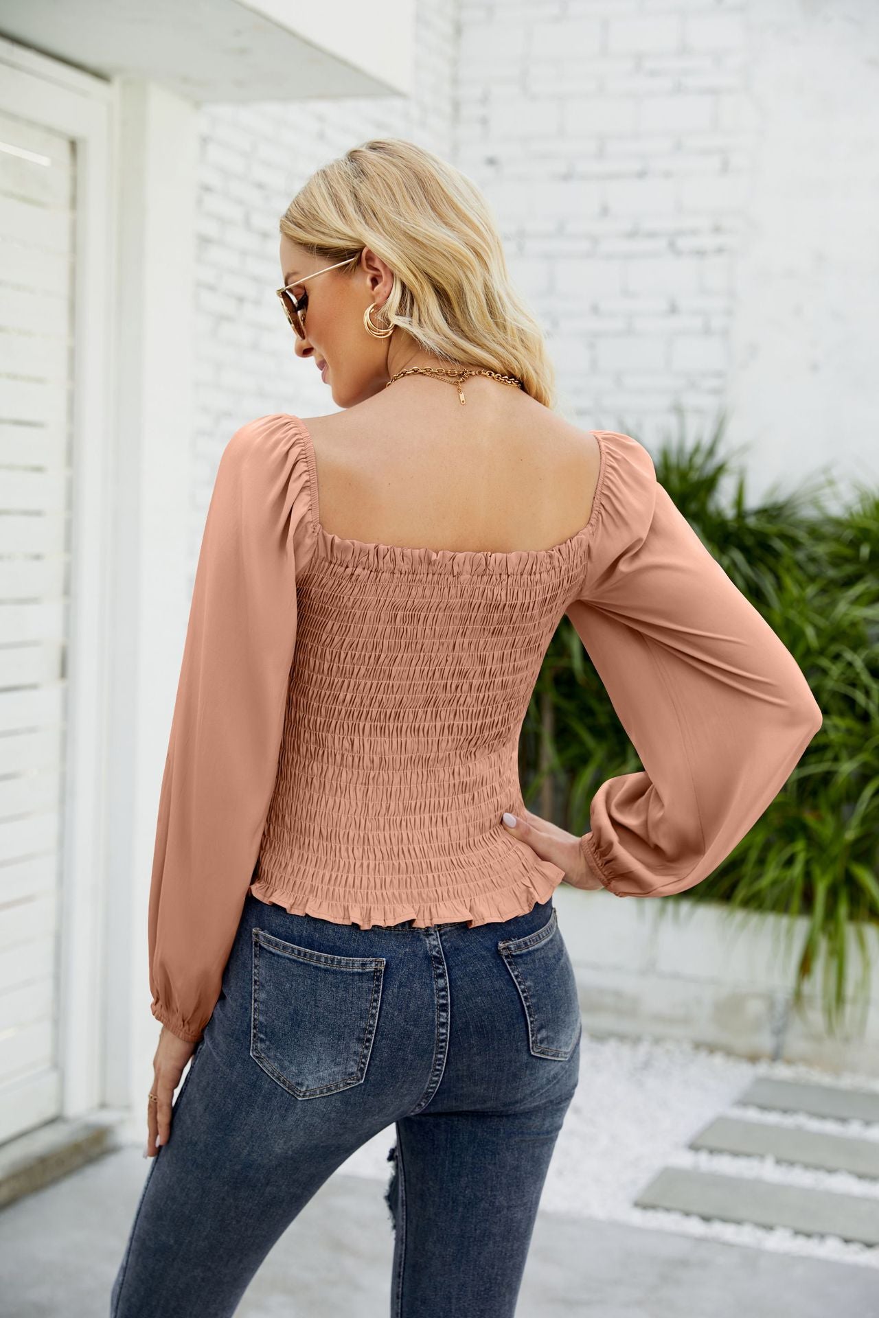 Frill Hem Smocked Balloon Sleeve Blouse in solid color, featuring a square neckline and long balloon sleeves, perfect for chic outdoor styling.