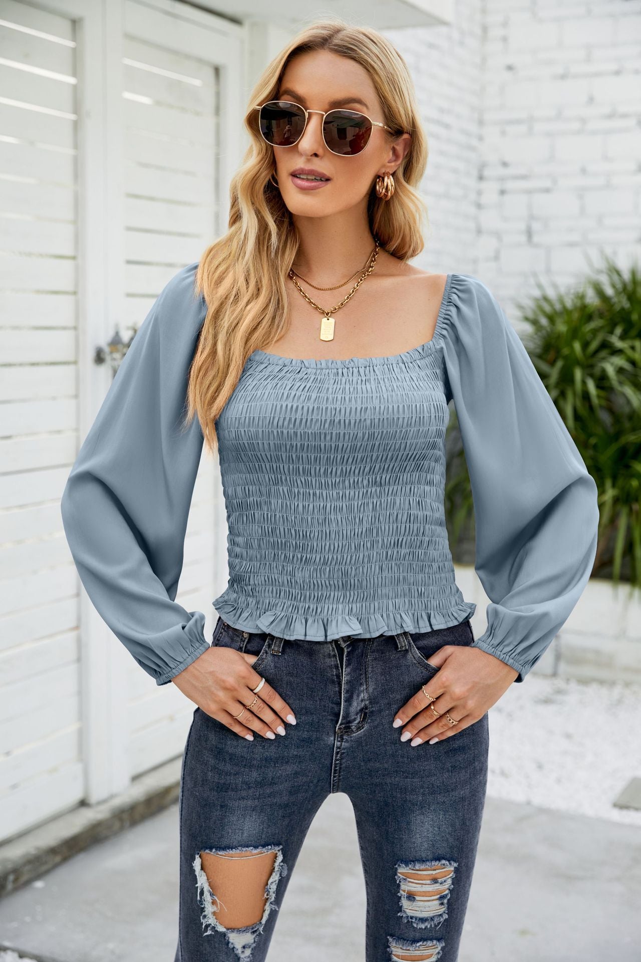 Frill Hem Smocked Balloon Sleeve Blouse in solid color, featuring a square neckline and long balloon sleeves, perfect for chic outdoor styling.