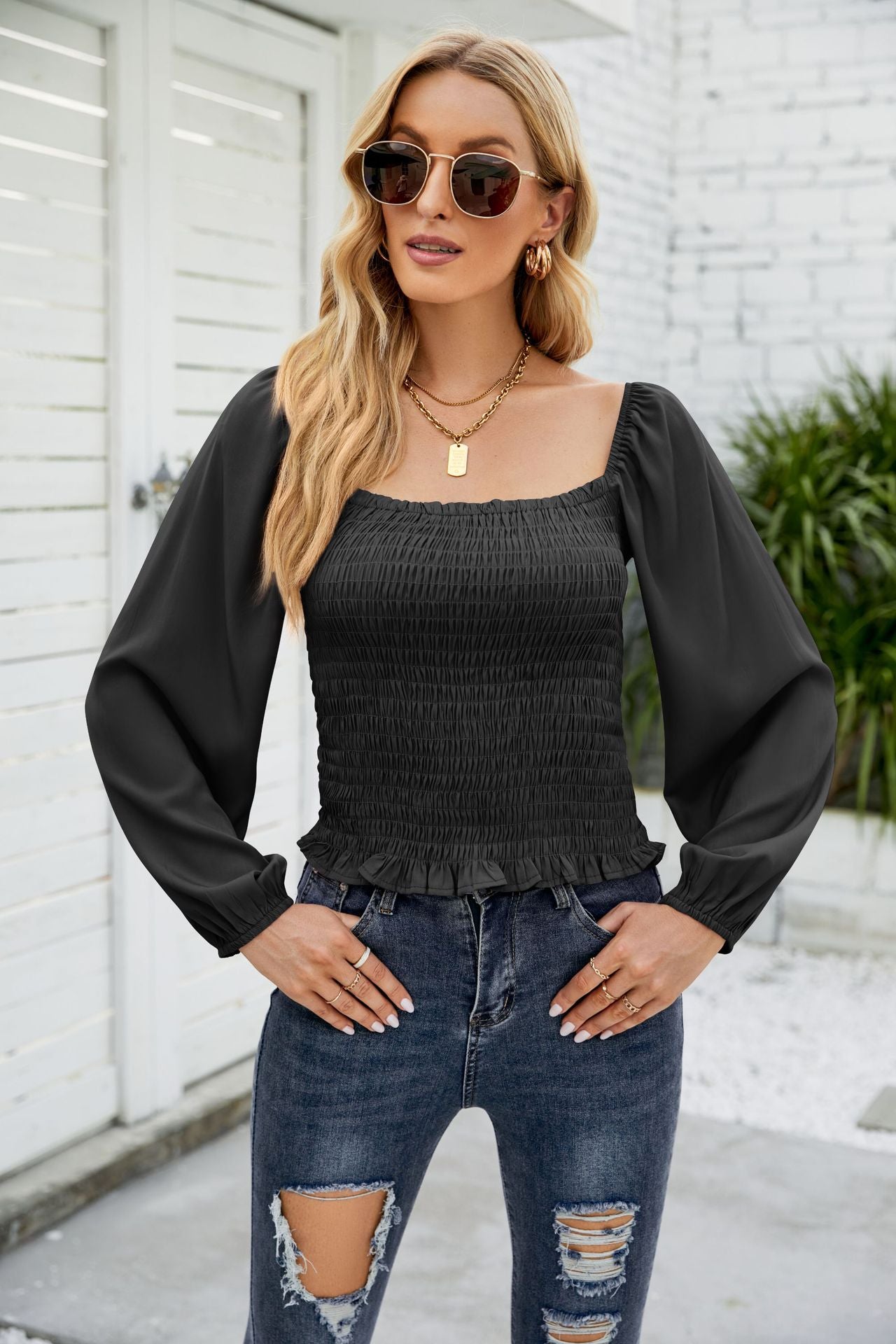 Frill Hem Smocked Balloon Sleeve Blouse in solid color, featuring a square neckline and long balloon sleeves, perfect for chic outdoor styling.