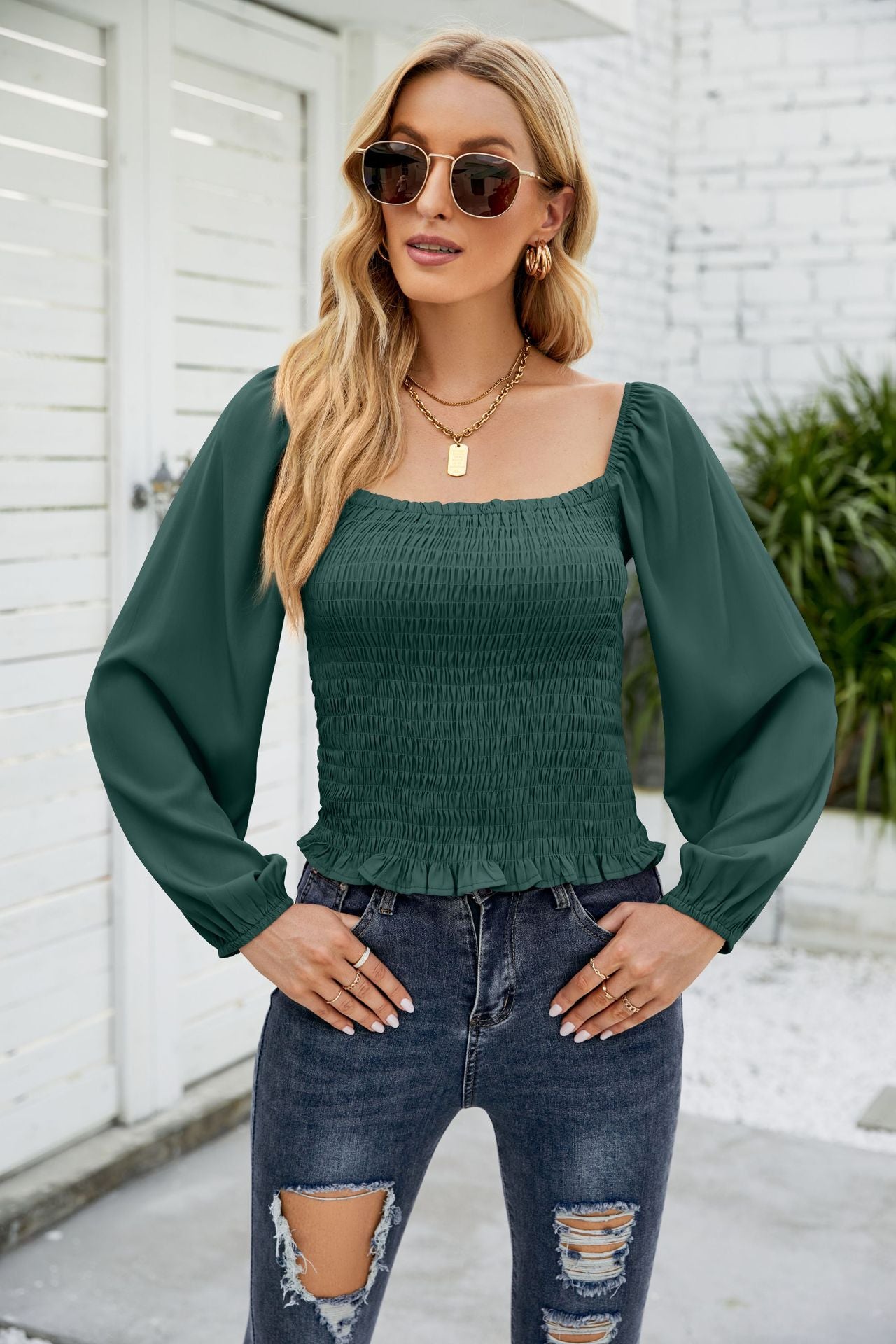 Frill Hem Smocked Balloon Sleeve Blouse in solid color, featuring a square neckline and long balloon sleeves, perfect for chic outdoor styling.