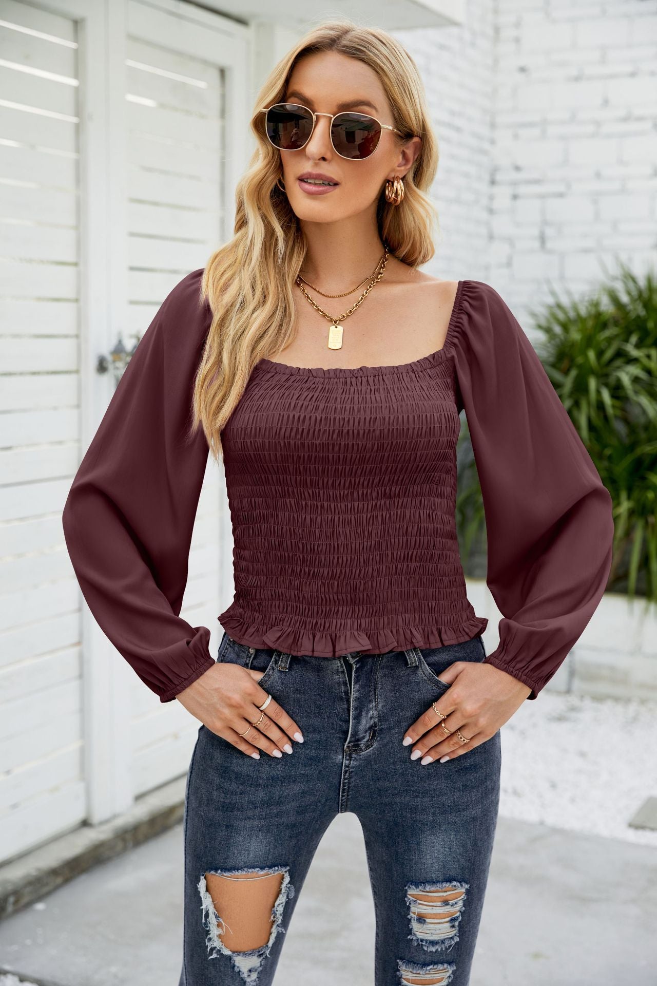 Frill Hem Smocked Balloon Sleeve Blouse in solid color, featuring a square neckline and long balloon sleeves, perfect for chic outdoor styling.