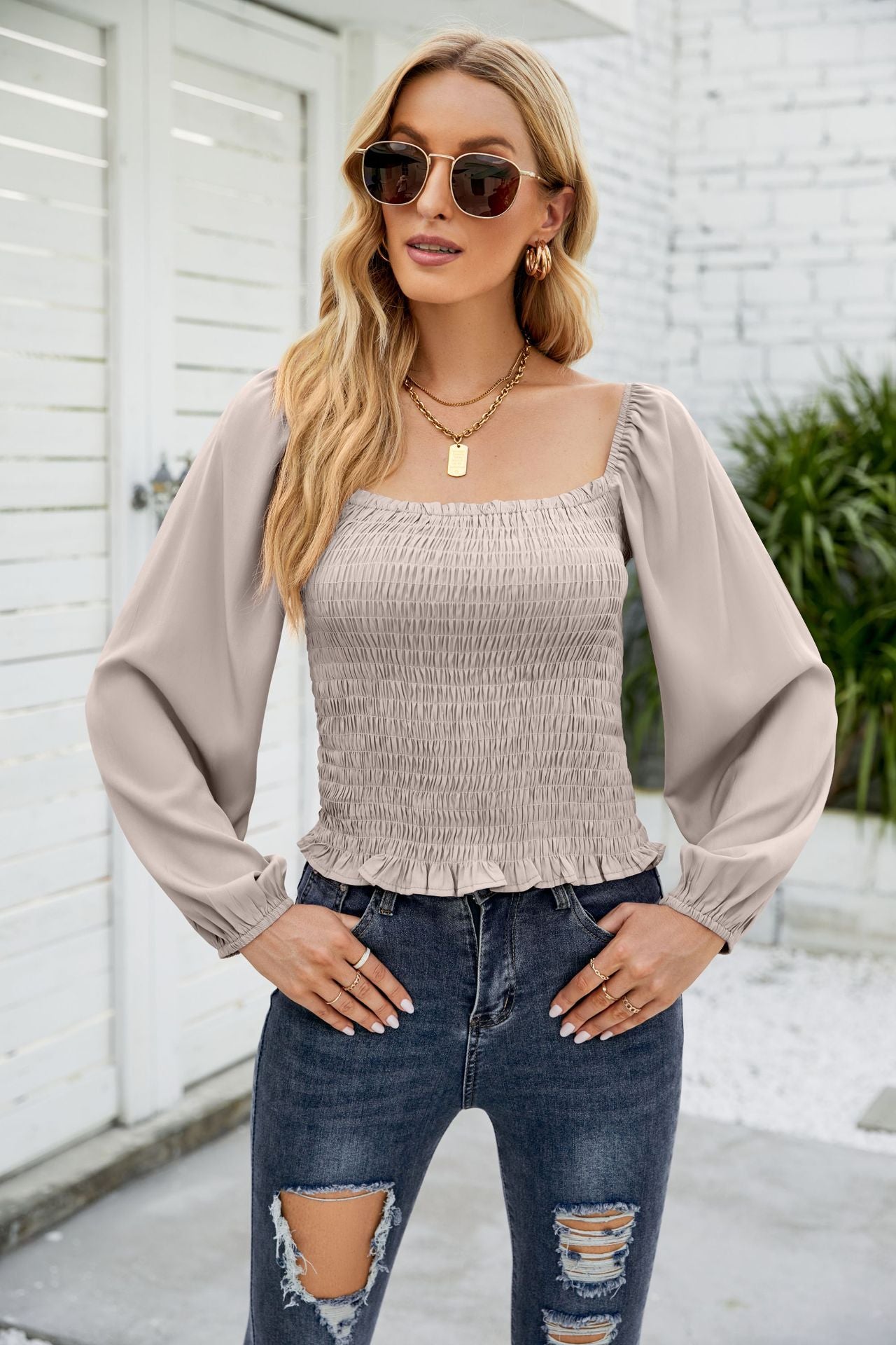 Frill Hem Smocked Balloon Sleeve Blouse in solid color, featuring a square neckline and long balloon sleeves, perfect for chic outdoor styling.