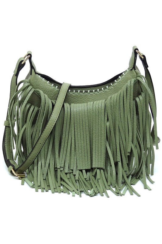 Fringe Hobo Crossbody Bag made of faux vegan leather with gold-tone hardware and adjustable strap, showcasing its stylish fringe design.