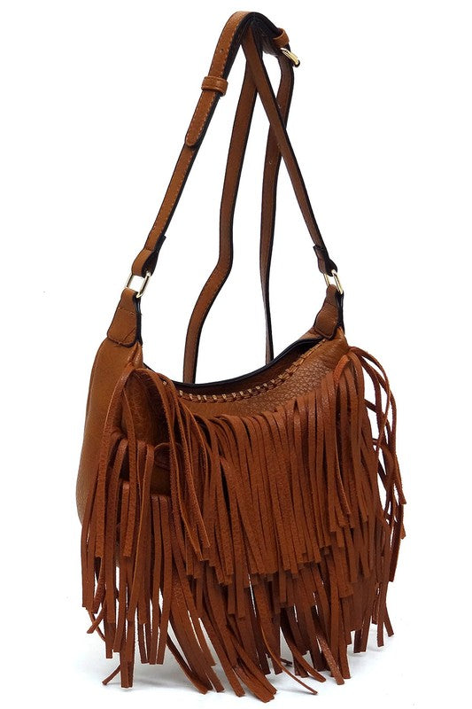 Fringe Hobo Crossbody Bag made of faux vegan leather with gold-tone hardware and adjustable strap, showcasing its stylish fringe design.