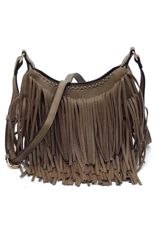 Fringe Hobo Crossbody Bag made of faux vegan leather with gold-tone hardware and adjustable strap, showcasing its stylish fringe design.