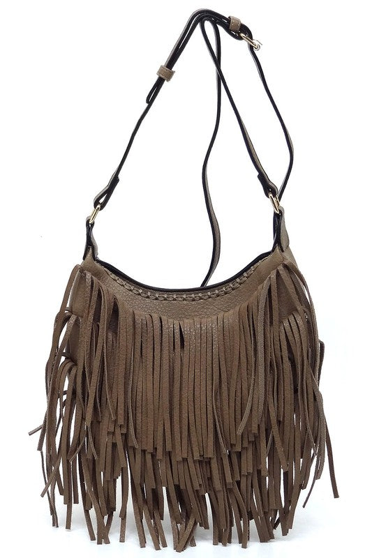 Fringe Hobo Crossbody Bag made of faux vegan leather with gold-tone hardware and adjustable strap, showcasing its stylish fringe design.