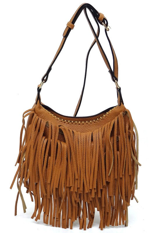 Fringe Hobo Crossbody Bag made of faux vegan leather with gold-tone hardware and adjustable strap, showcasing its stylish fringe design.