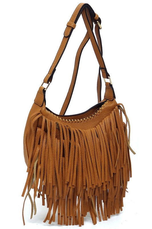 Fringe Hobo Crossbody Bag made of faux vegan leather with gold-tone hardware and adjustable strap, showcasing its stylish fringe design.