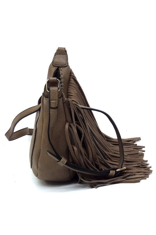 Fringe Hobo Crossbody Bag made of faux vegan leather with gold-tone hardware and adjustable strap, showcasing its stylish fringe design.