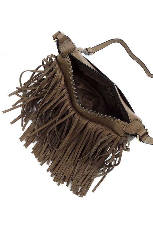 Fringe Hobo Crossbody Bag made of faux vegan leather with gold-tone hardware and adjustable strap, showcasing its stylish fringe design.