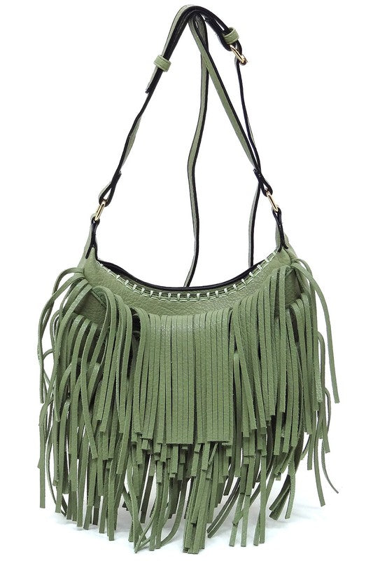 Fringe Hobo Crossbody Bag made of faux vegan leather with gold-tone hardware and adjustable strap, showcasing its stylish fringe design.