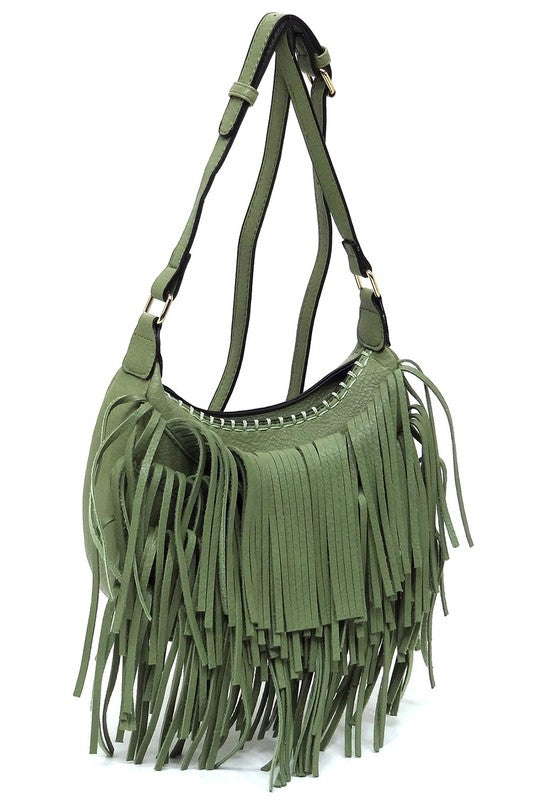 Fringe Hobo Crossbody Bag made of faux vegan leather with gold-tone hardware and adjustable strap, showcasing its stylish fringe design.