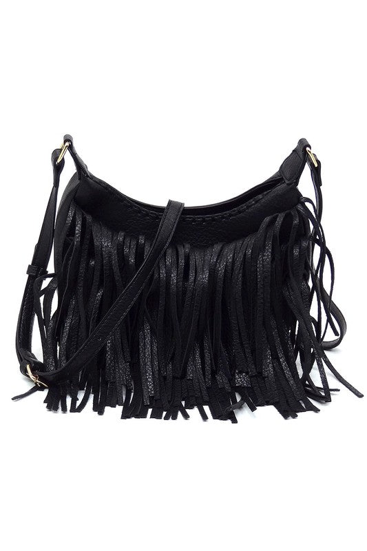 Fringe Hobo Crossbody Bag made of faux vegan leather with gold-tone hardware and adjustable strap, showcasing its stylish fringe design.