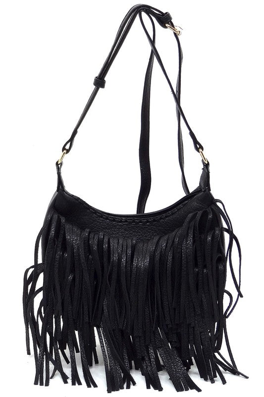 Fringe Hobo Crossbody Bag made of faux vegan leather with gold-tone hardware and adjustable strap, showcasing its stylish fringe design.