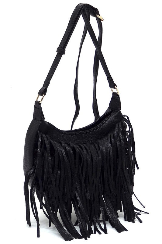 Fringe Hobo Crossbody Bag made of faux vegan leather with gold-tone hardware and adjustable strap, showcasing its stylish fringe design.