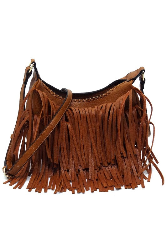 Fringe Hobo Crossbody Bag made of faux vegan leather with gold-tone hardware and adjustable strap, showcasing its stylish fringe design.