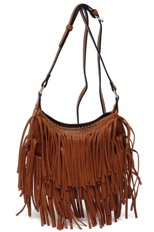 Fringe Hobo Crossbody Bag made of faux vegan leather with gold-tone hardware and adjustable strap, showcasing its stylish fringe design.