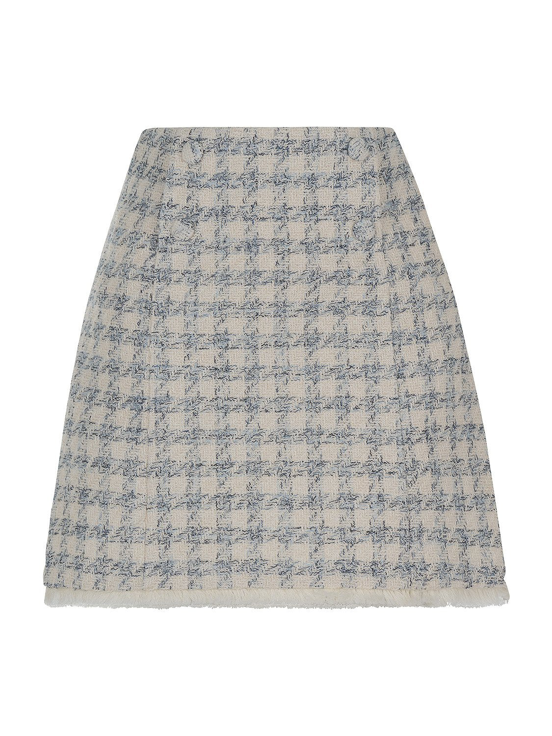 A stylish fringed tweed skirt featuring a hidden side zipper and false button detail, showcasing a blend of blue and neutral tones.