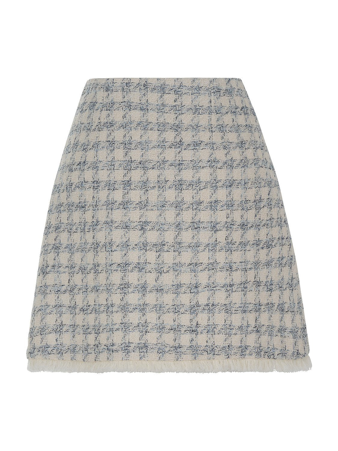 A stylish fringed tweed skirt featuring a hidden side zipper and false button detail, showcasing a blend of blue and neutral tones.