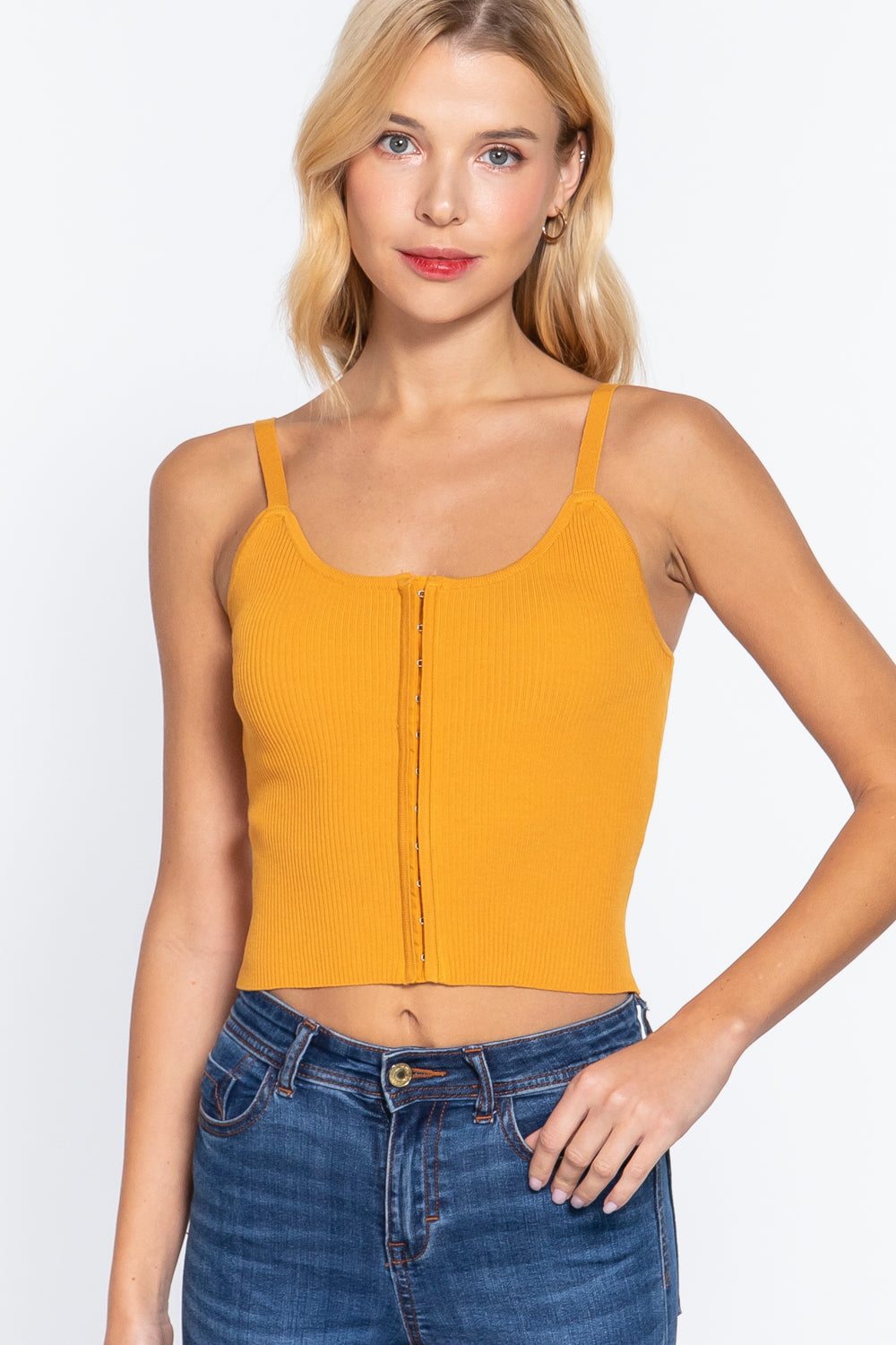 Front Closure With Hooks Sweater Cami Top in vibrant mango color, showcasing stylish design and comfortable fabric.