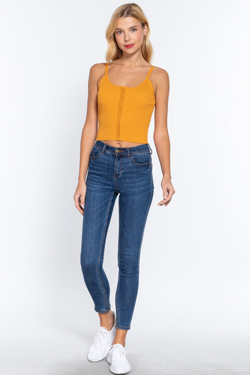 Front Closure With Hooks Sweater Cami Top in vibrant mango color, showcasing stylish design and comfortable fabric.