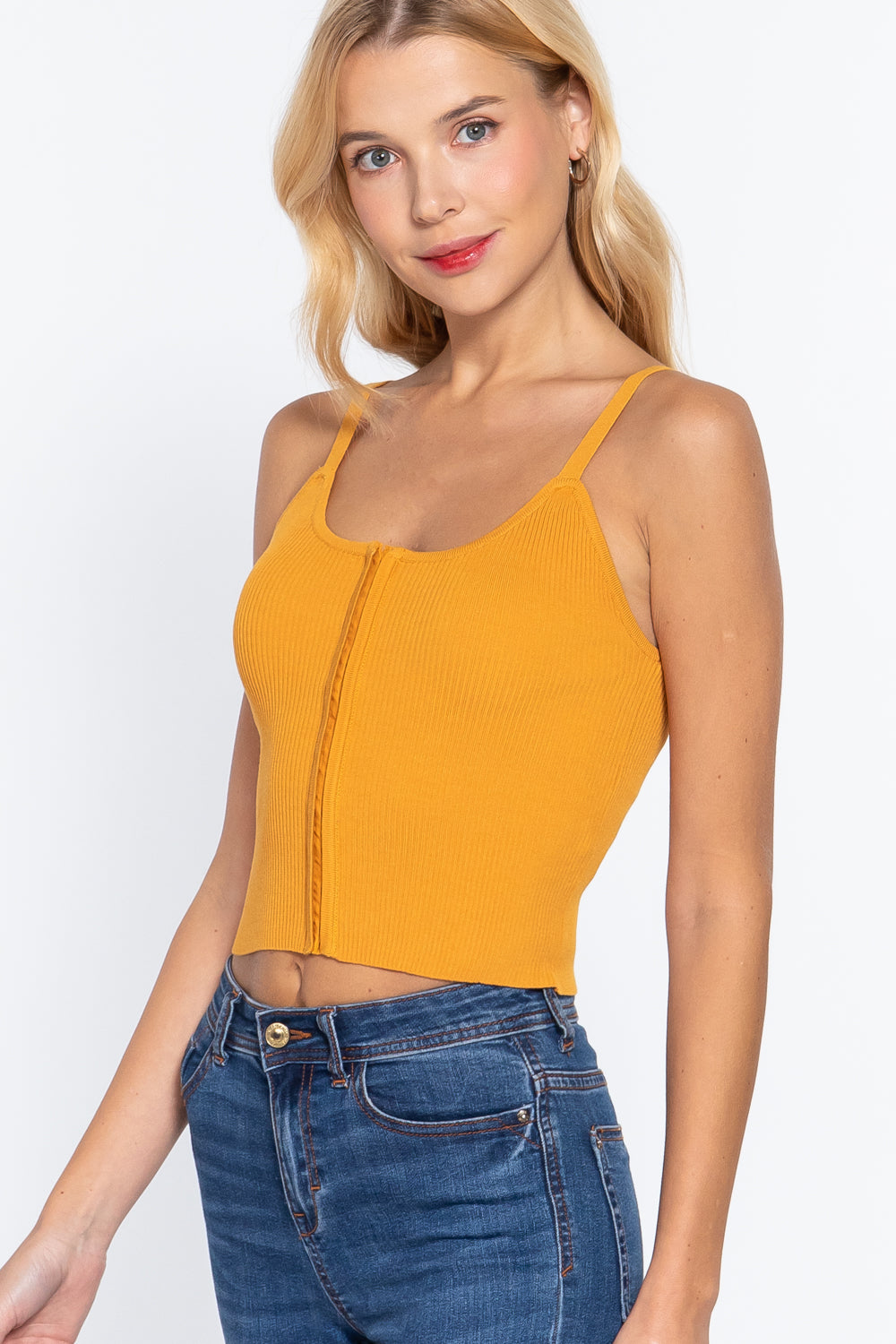 Front Closure With Hooks Sweater Cami Top in vibrant mango color, showcasing stylish design and comfortable fabric.