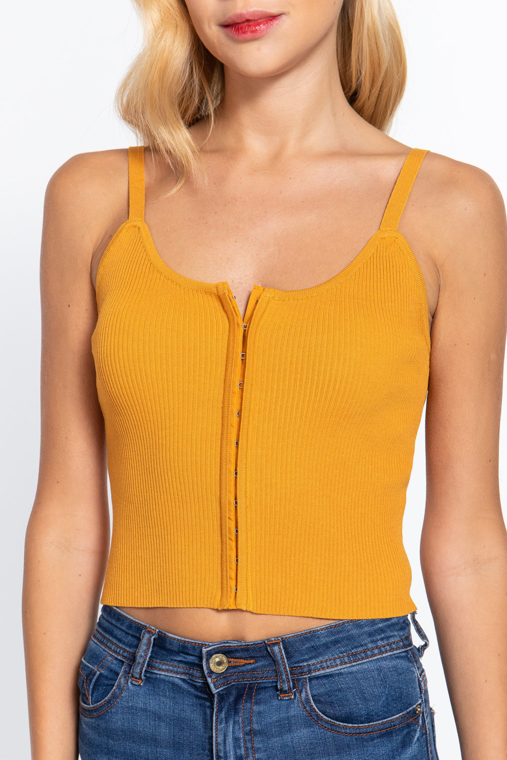 Front Closure With Hooks Sweater Cami Top in vibrant mango color, showcasing stylish design and comfortable fabric.