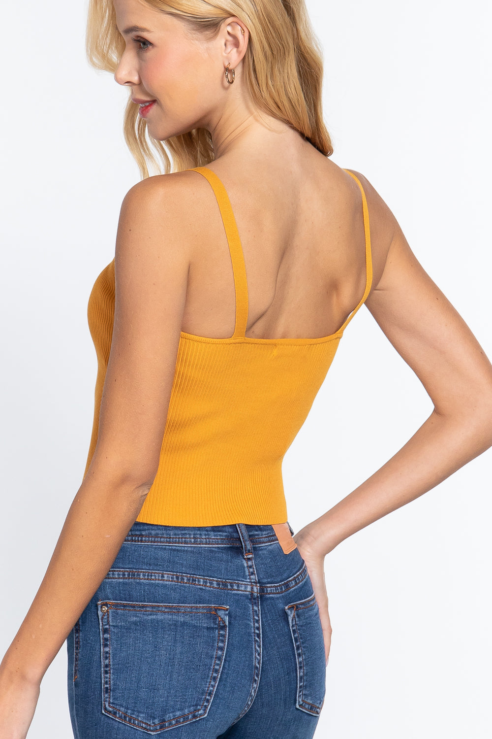 Front Closure With Hooks Sweater Cami Top in vibrant mango color, showcasing stylish design and comfortable fabric.