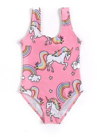 A vibrant girls swimsuit with fun prints and cute ruffles, perfect for summer beach and pool activities.