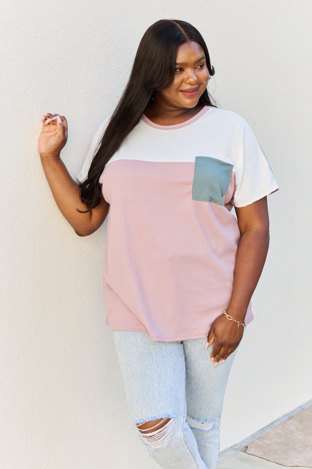 Full Size Colorblock Tunic Top in Mauve featuring cozy dolman sleeves and a vibrant pocket detail, perfect for summer wear.