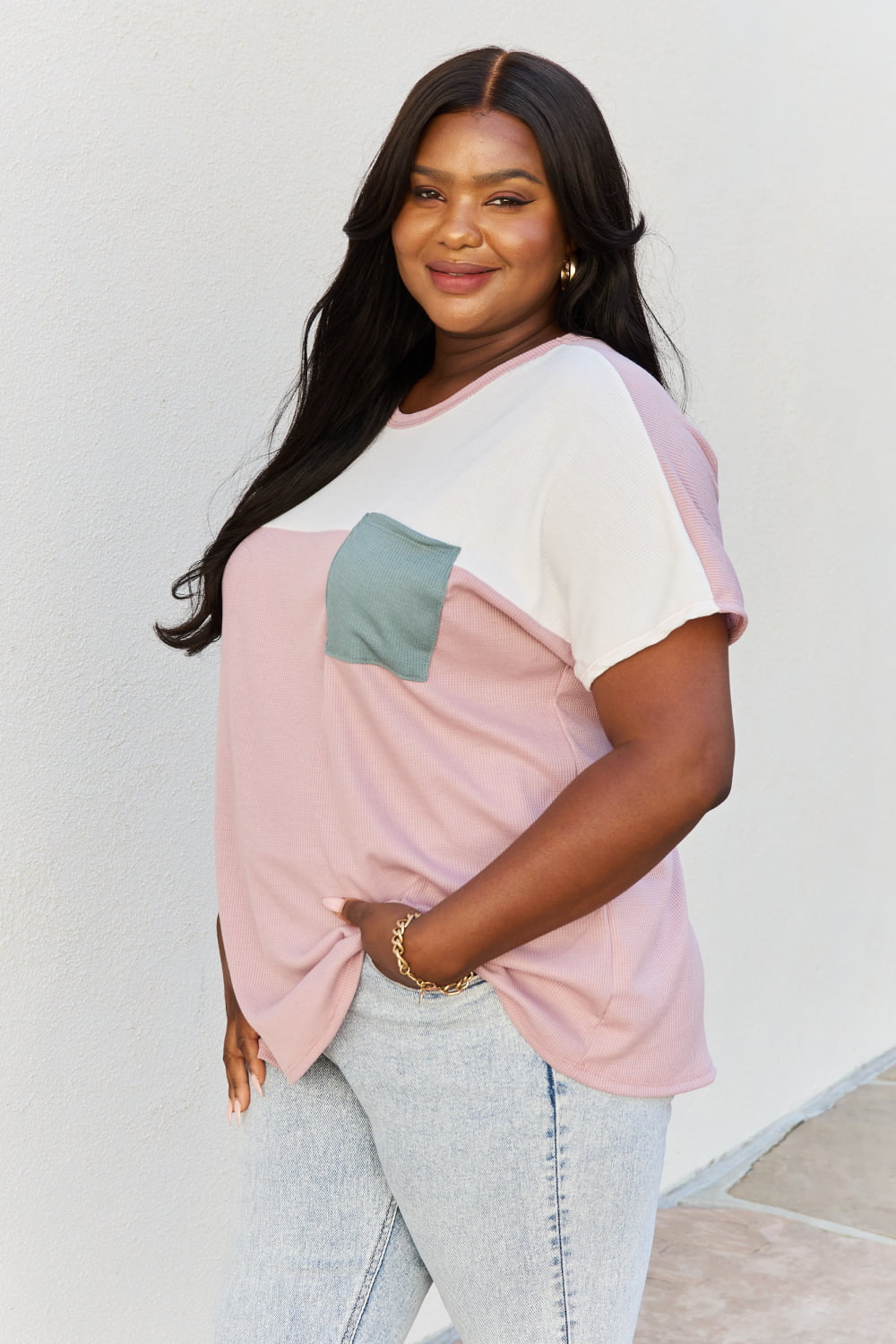 Full Size Colorblock Tunic Top in Mauve featuring cozy dolman sleeves and a vibrant pocket detail, perfect for summer wear.