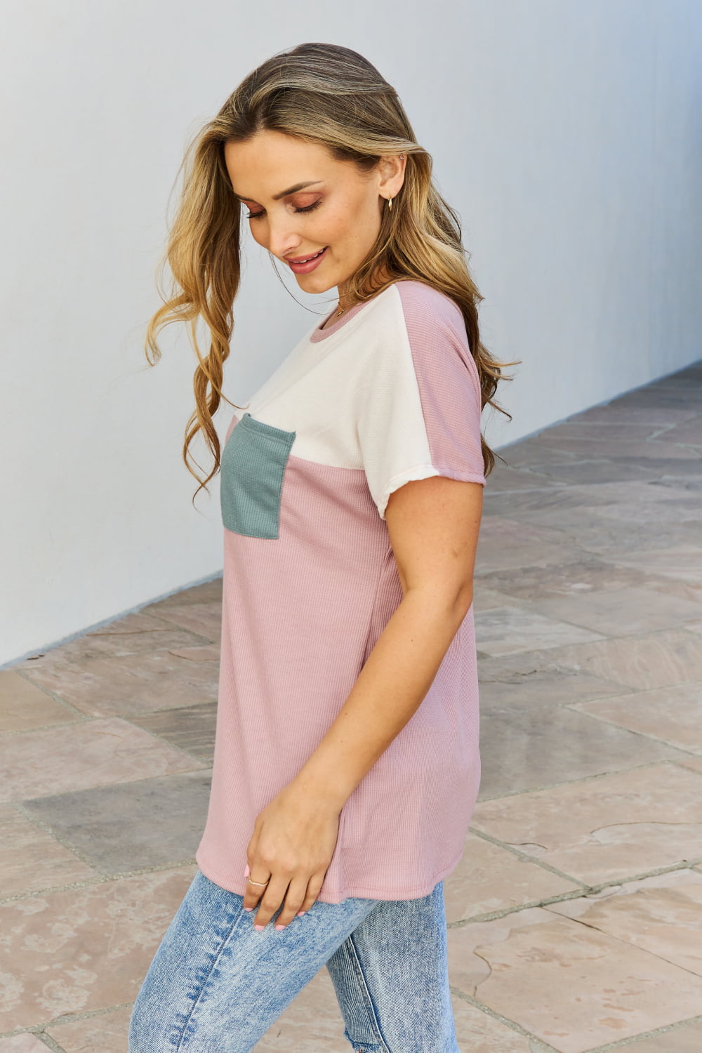 Full Size Colorblock Tunic Top in Mauve featuring cozy dolman sleeves and a vibrant pocket detail, perfect for summer wear.