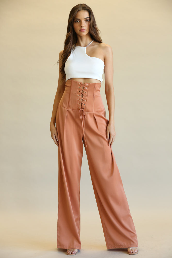 Gala Ultra High Waist Pants featuring corset boning and wide leg fit in matte satin stretch fabric.