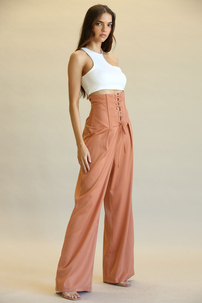 Gala Ultra High Waist Pants featuring corset boning and wide leg fit in matte satin stretch fabric.