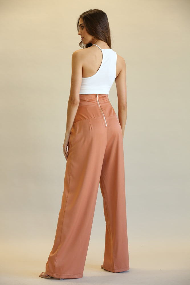 Gala Ultra High Waist Pants featuring corset boning and wide leg fit in matte satin stretch fabric.