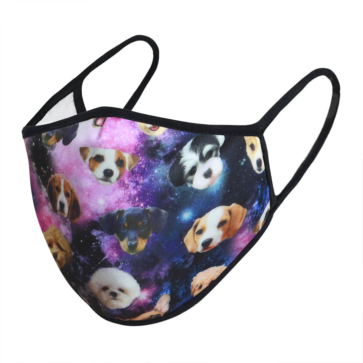 Galaxy Dogs 3-Layered Face Cover featuring a unique print design with adorable dogs in a galaxy theme, made from polyester and cotton.