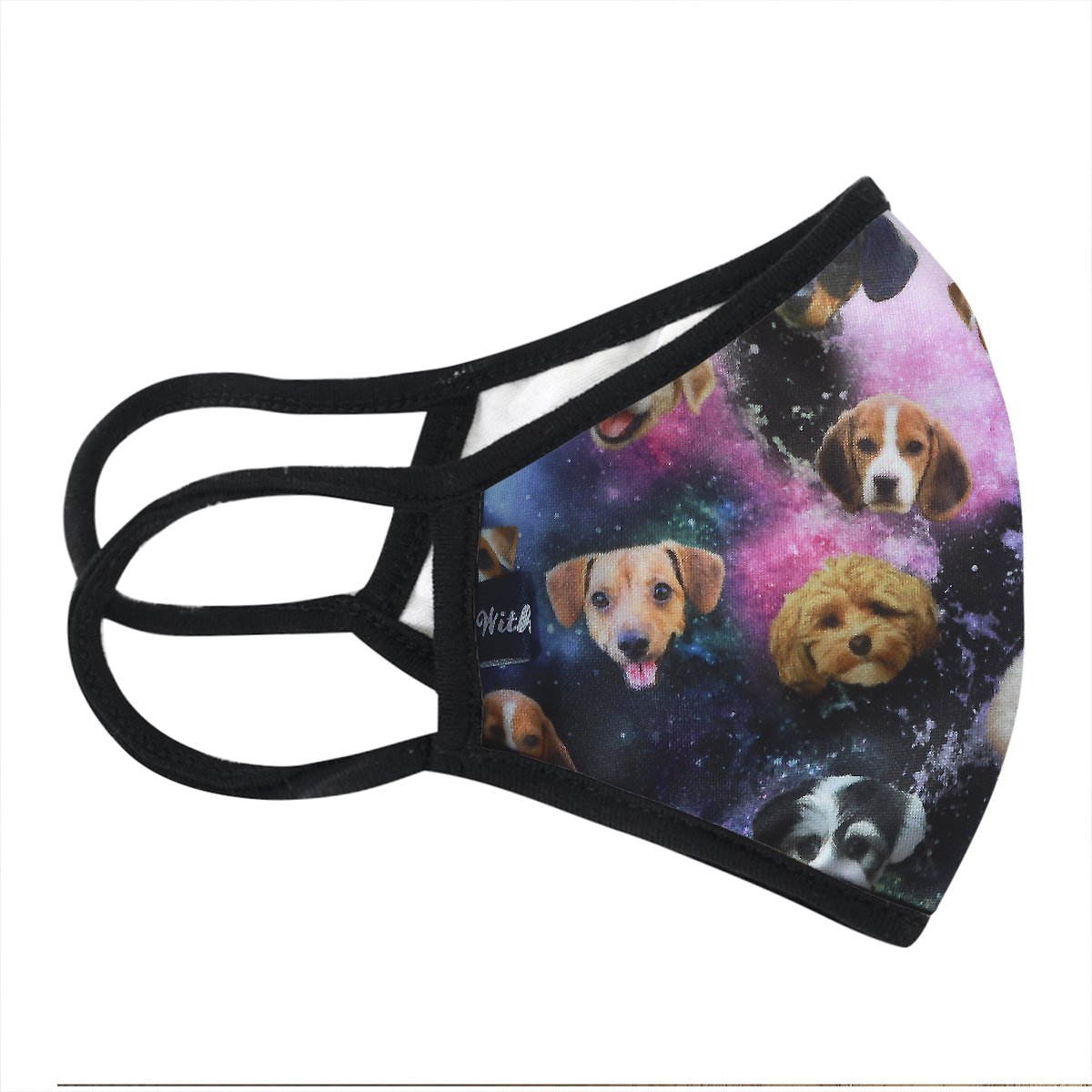 Galaxy Dogs 3-Layered Face Cover featuring a unique print design with adorable dogs in a galaxy theme, made from polyester and cotton.