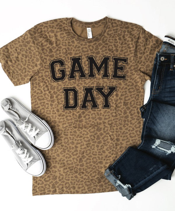 A stylish unisex Game Day Leopard Graphic Tee featuring a bold leopard print design, perfect for sports enthusiasts.