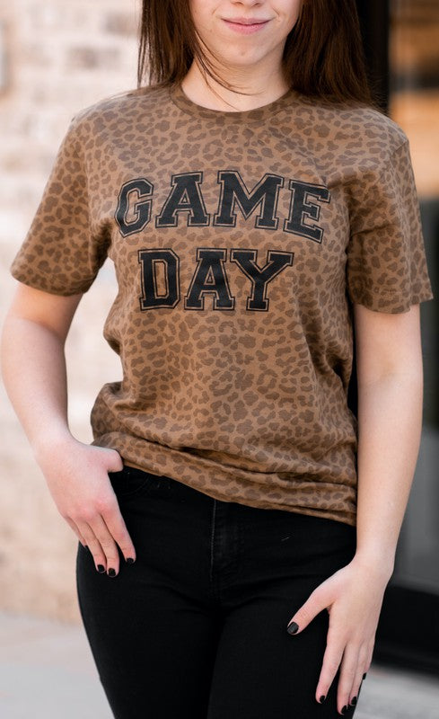 A stylish unisex Game Day Leopard Graphic Tee featuring a bold leopard print design, perfect for sports enthusiasts.