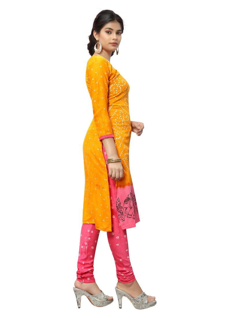 Woman in yellow and pink kurta.