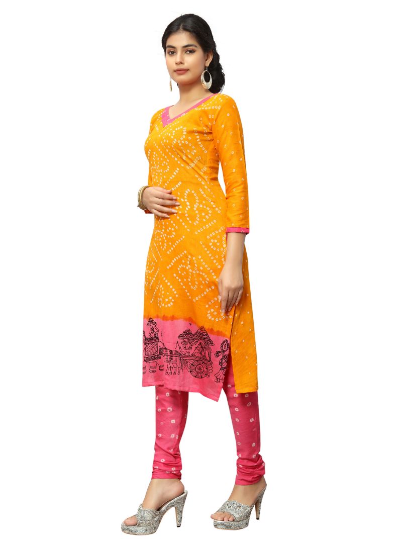 Woman wearing yellow and pink kurta.