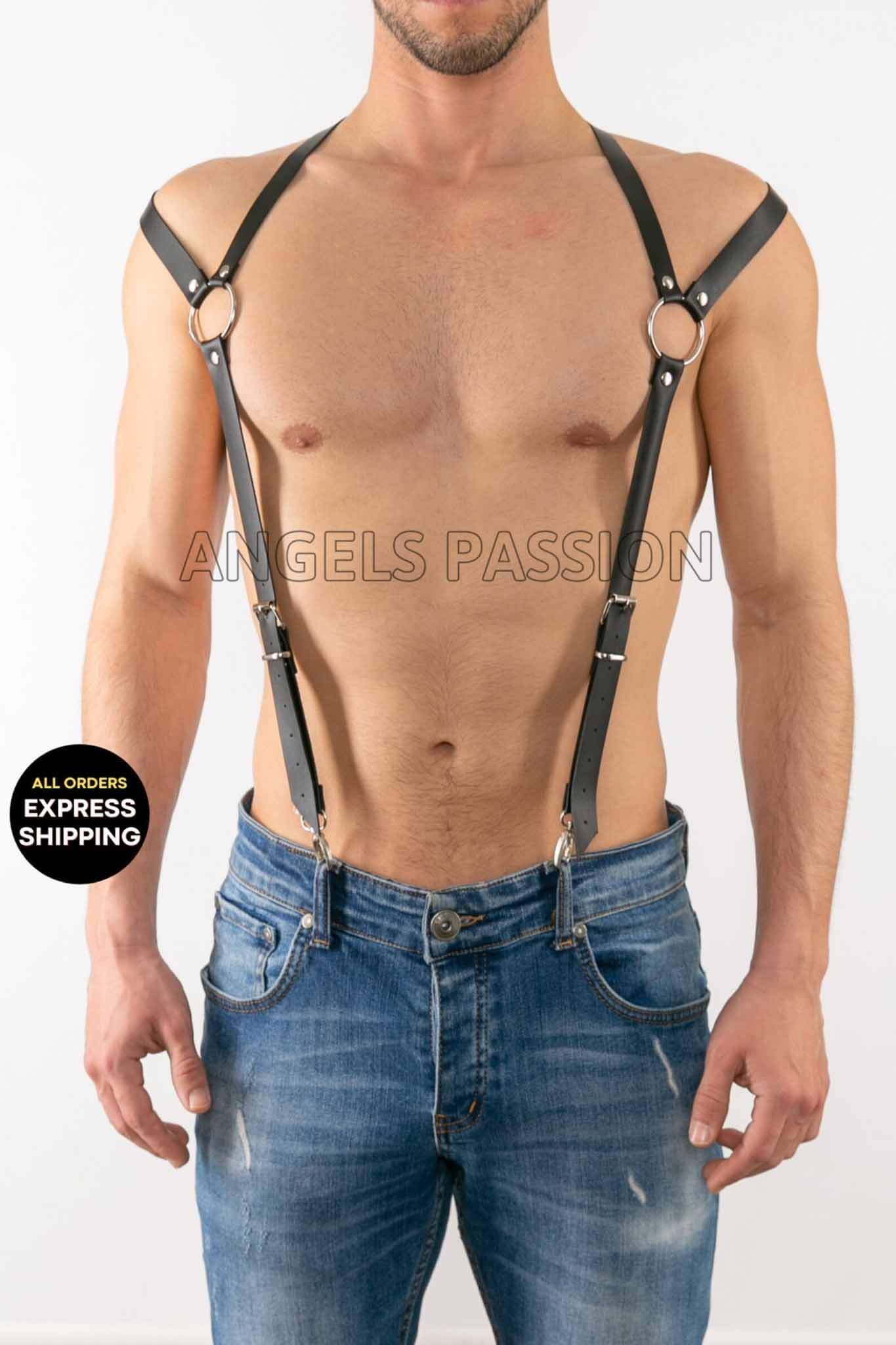 A sophisticated gentleman's adjustable leather shoulder harness, showcasing rich texture and elegant design.