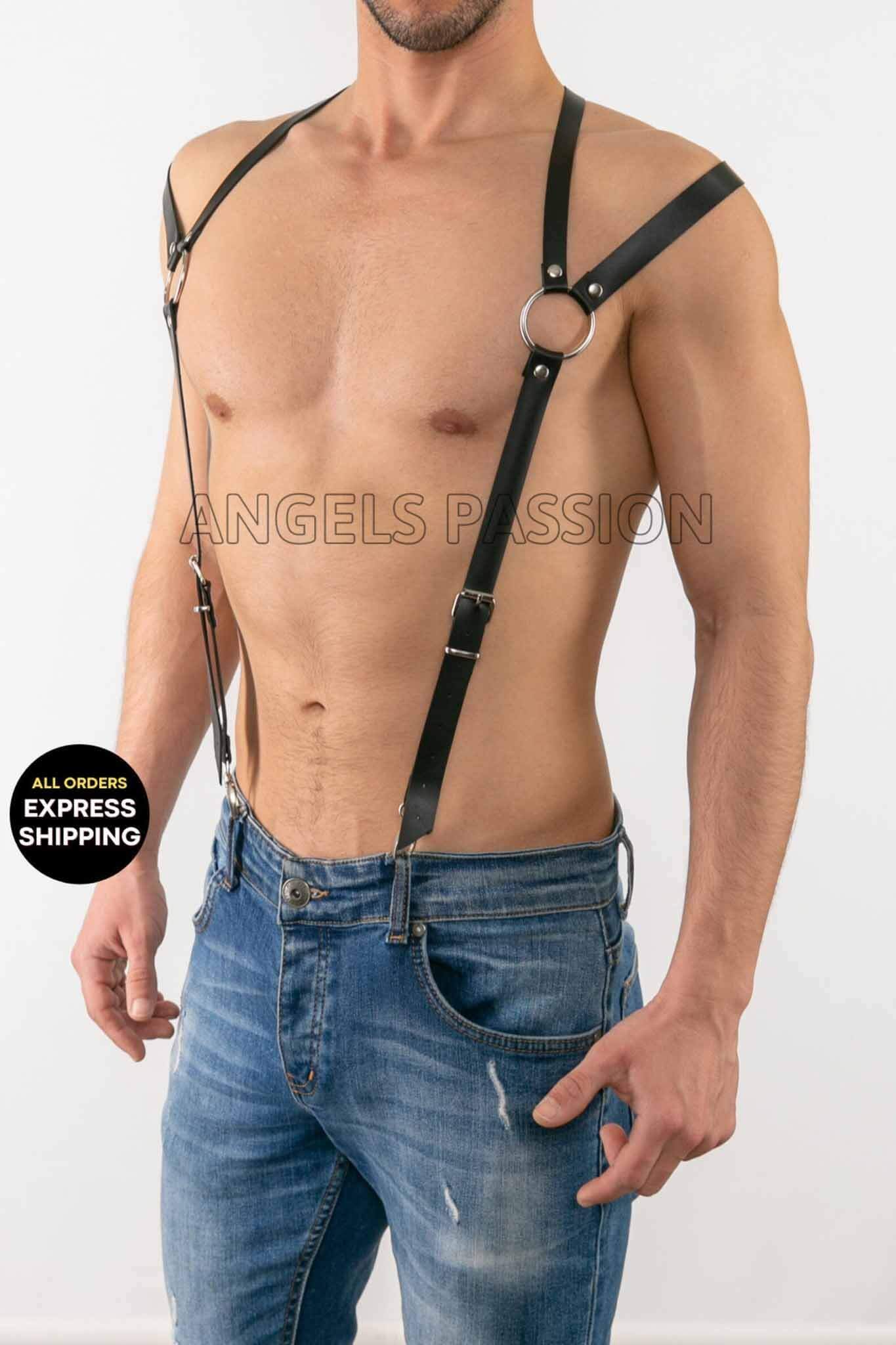 A sophisticated gentleman's adjustable leather shoulder harness, showcasing rich texture and elegant design.