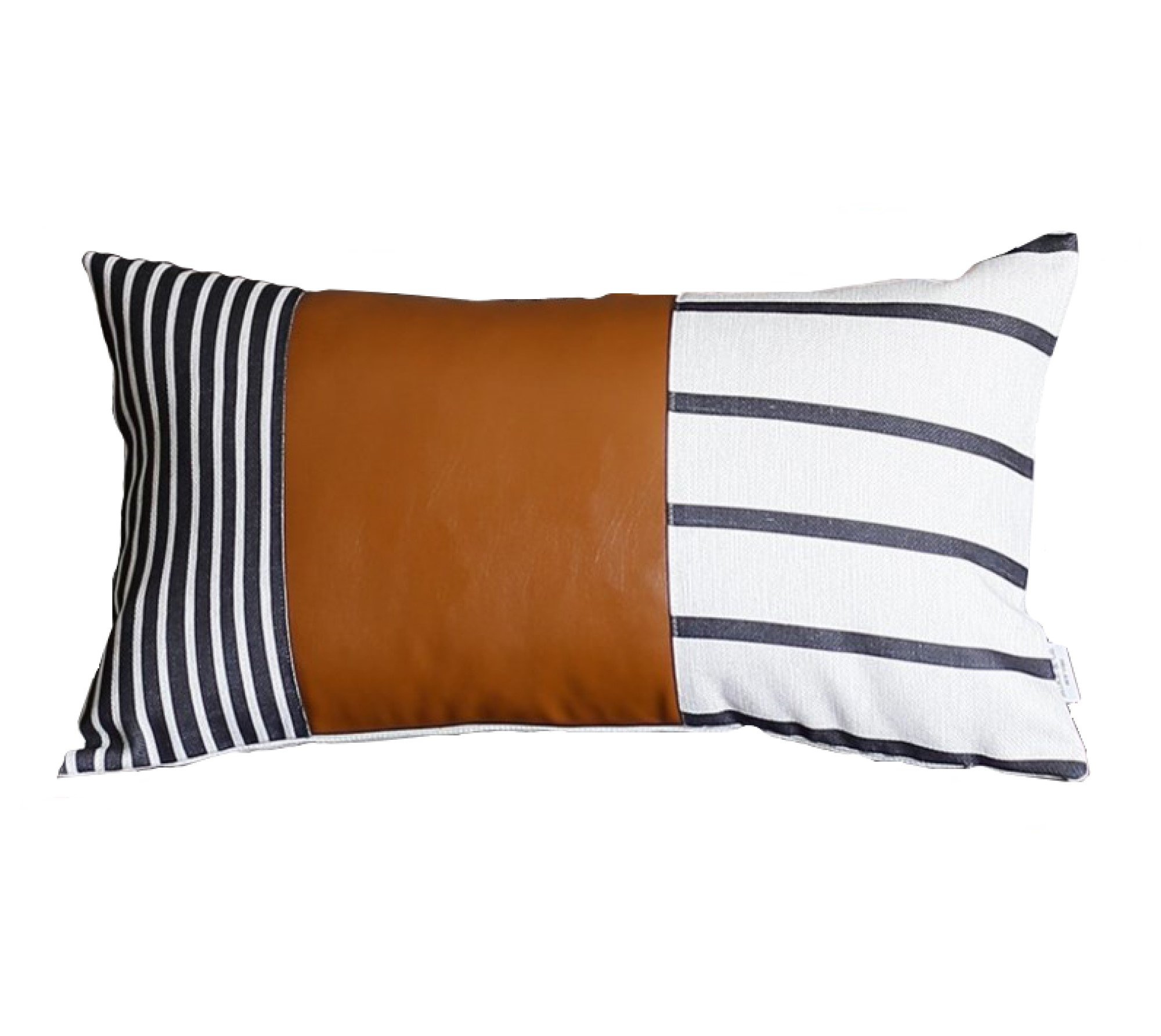 Geometric Brown Faux Leather and Stripes Lumbar Pillow Cover featuring a unique design with printed stripes and soft vegan faux leather.