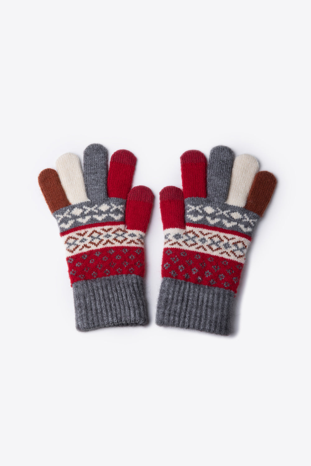 A flat lay of Geometric Five-Finger Knit Gloves showcasing their stylish design and soft acrylic material.