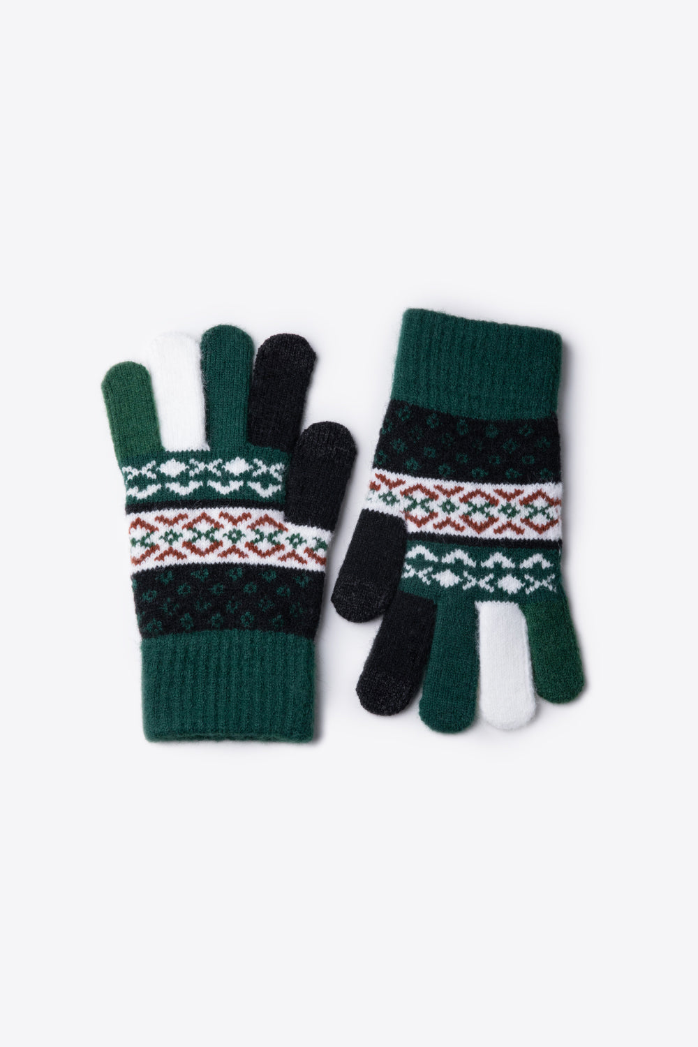 A flat lay of Geometric Five-Finger Knit Gloves showcasing their stylish design and soft acrylic material.