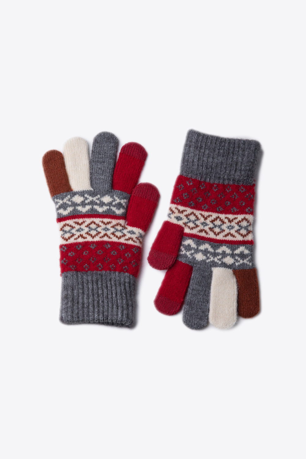 A flat lay of Geometric Five-Finger Knit Gloves showcasing their stylish design and soft acrylic material.