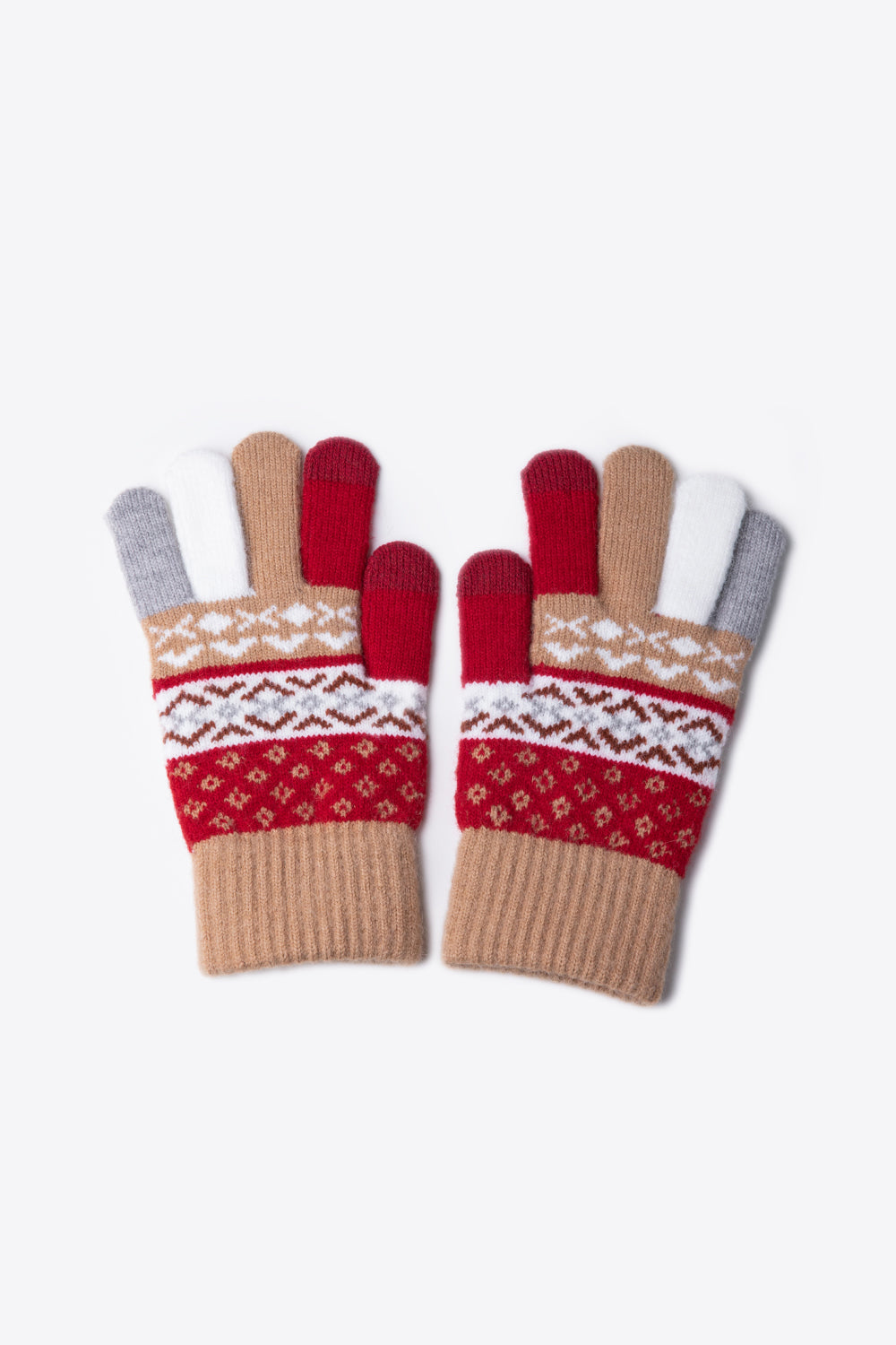 A flat lay of Geometric Five-Finger Knit Gloves showcasing their stylish design and soft acrylic material.