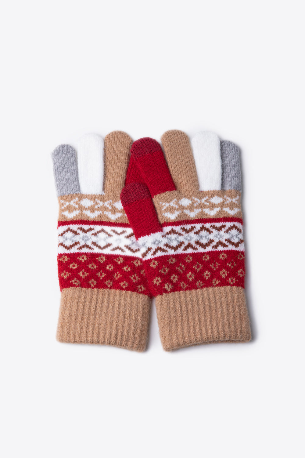 A flat lay of Geometric Five-Finger Knit Gloves showcasing their stylish design and soft acrylic material.